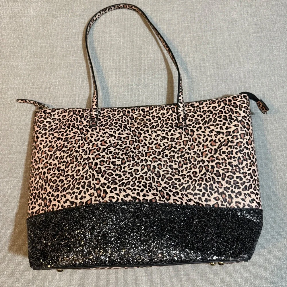 Kate Spade Leopard Print Tote Bag Glitter Bottom Black Tan Animal Print Large - Picture 1 of 9